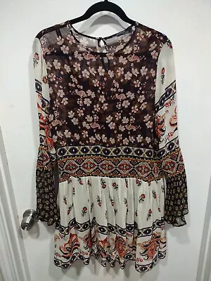 Zara Woman Embroidered Patchwork Chiffon Dress Sz S-Boho Festival Art To Wear  • $18.71