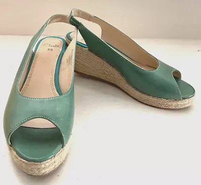 Clarks Mint Green Leather Wedge Heel Sandal Open Toe UK 6.5 VGC FH#5 • £8.50