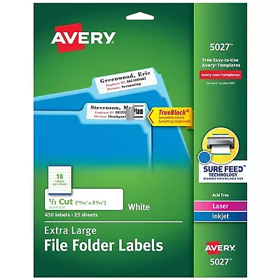 Avery X-Large 1/3-Cut File Folder Labels W/TrueBlock 15/16 X 3 7/16 White • $24.26