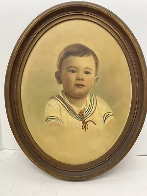 Vintage Young Blue Eyed Boy Child Sailer Suit Original  Framed Oval Oil Painting • $29.99