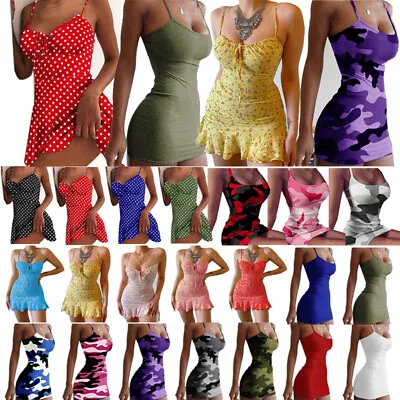 Womens Camo Bodycon Dress Fashion Tank Mini Sleeveless Straps Knit Party Club • £13.67