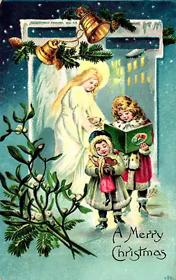 Postcard A Vintage Merry Christmas Carolers Holiday Greeting Card Mistletoe Bell • $5.09