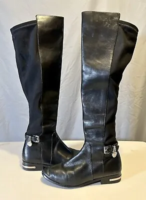 EUC Michael Kors Black Leather Stretch Riding Boot Silver Details Size 6 • $24