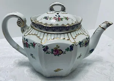 English TEA POT Oval Octagon Floral Swags Deco Embossed Gold Trim Vintage China • $29.95