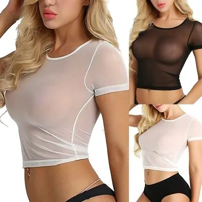 $13.50 • Buy Women's Short Sleeve Crop Tops Sexy Black Sheer Mesh See-Through Transparent Top