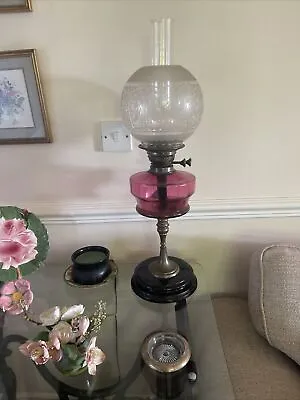 £180 • Buy Antique Cranberry And Clear Glass Oil Lamp