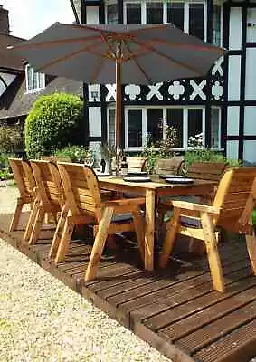 8 Wooden Seat Chairs + 8 Seater Garden Wood Table Parasol Set Large Furniture • £1199.99