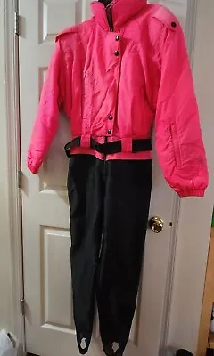 Nils Vintage Size 14 Pink Black Ski Snow Suit One Piece Stirrup Pants Belted • $25