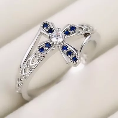 2Ct Lab Created Blue Sapphire 14K White Gold Plated Cross Diamond Ring Women's • $99.82