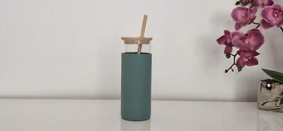 £8.95 • Buy Glass Tumbler Water Bottle Straw/Bamboo Lid Silicone Protective Coffee Cup/Mug