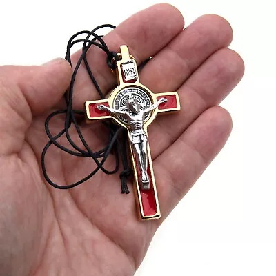 3  St Benedict Crucifix Cross Catholic Necklace Red Enamel Men & Women On Cord • $14.55