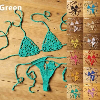 Crochet Bikini Set G-String Lace Up Thong Beach Swimwear Sexy Swimsuit Bra New • £8.98