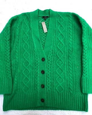 J CREW Cable Knit Stretch Wool Blend Oversize Green Cardigan Sweater BJ606 XL • $120