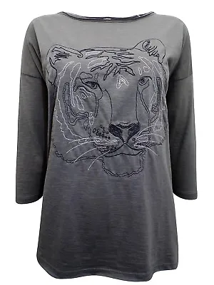 S.Oliver GREY Cotton LION Embroidered Long Sleeve Tee Shirt Top Casual Festivals • $9.93