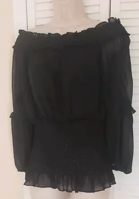 Max Edition  Sheer Smocked Long Sleeve Black Blouse Sz L • $14.99