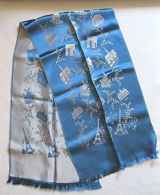 Vintage French Silk Scarf~paris Monuments~embroidered~royal Blue~silver~47 X12  • $59.99