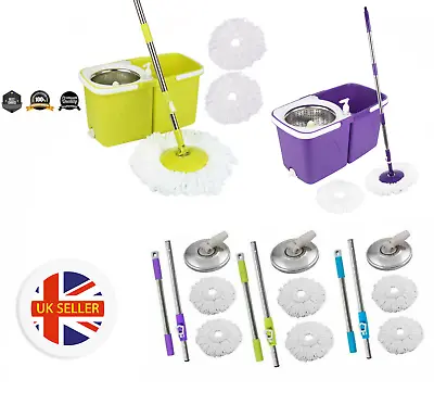 £6.99 • Buy Mop Handle Set With Dry 2 Heads Bucket Set 360° Microfiber Magic Rotating Spin 