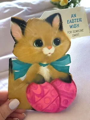 Vintage Greeting Card Glittery Easter Sweet Kitten Cat Hallmark Mid Century • $5.76