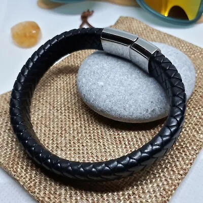 Leather Mens Bracelet Surfer Wristband Wrap Multi Row Steel Clasp + Gift Bag UK • £7.95