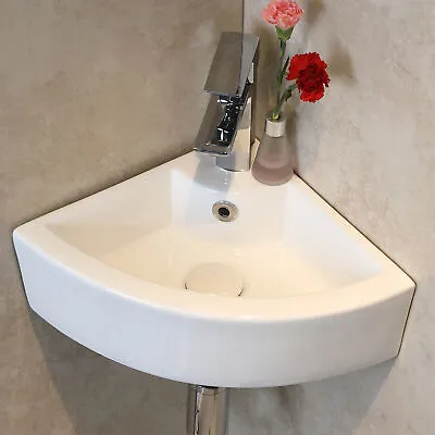 Corner Bathroom Sink Wash Bsin Vanity Sink Wall Mount Ceramic White Triangle • $43.49