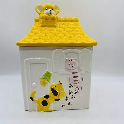 Vintage Ceramic Cookie Jar Yellow Roof House With Mouse Cat Dog Made In Japan  • $20