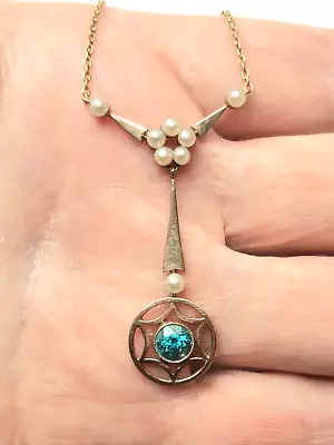 Antique Edwardian 9ct Gold Blue Zircon Pearl Pendant Necklace  • £295