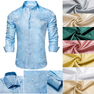 Mens Dress Silk Shirt Long Sleeve Black White Paisley Casual Button Down Shirts • $19.99