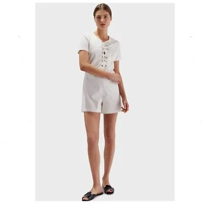 $80 • Buy STAUD Women X Solid And Striped Arabella Short Jumpsuit In White Seersuck Size S