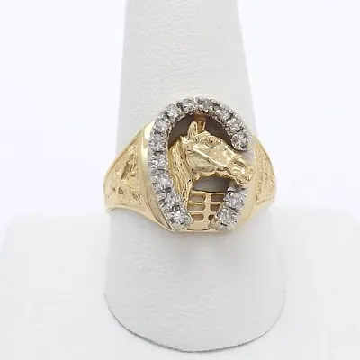 14K Gold Diamond Horseshoe Horse Racing Jockey Mens Band Ring Unisex • $854.05