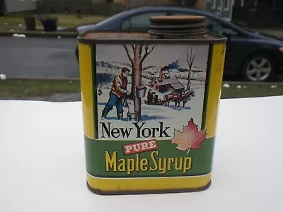 VINTAGE New York State 100% Pure MAPLE SYRUP 1 Quart METAL TIN CAN With CAP • $10