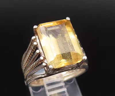 925 Silver - Vintage Rectangle Citrine Split Rope Twist Shank Ring Sz 7- RG25440 • $45.10