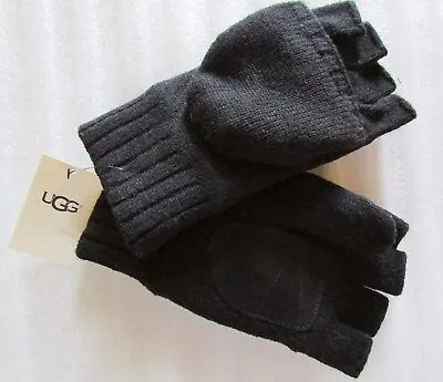 UGG Gloves Knit Flip Mittens Leather Palm 45% Wool Blend Black L/XL New • $74.49