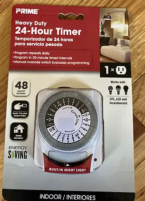 Prime 24 Hour Mechanical Timer With Nightlight And Grounded Indoor Outlet White • $11.47