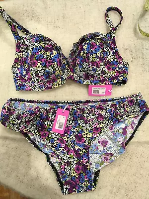 Figleaves  Bikini Set Purple Roses Multi Colours Frills Size 32 D Bottom 8 • £17