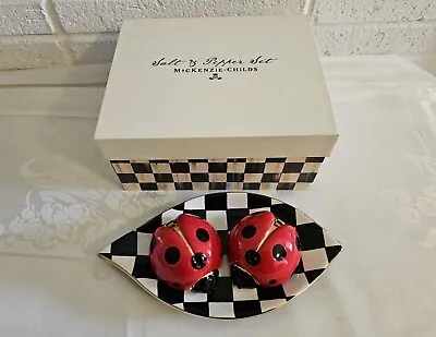 NEW MacKenzie Childs LADYBUG SALT & PEPPER SET With CHECKED TRAY In Gift Box • $65