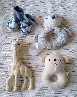 Baby Bundle Konges Slojd Bear Ring Rattle Sophie Giraffe Penguin & Booties • £7.99