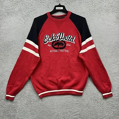 90s Vintage Marc Ecko Unltd Sweater Sweatshirt Big Logo Ribbed Shoulder Red XL • $27.99