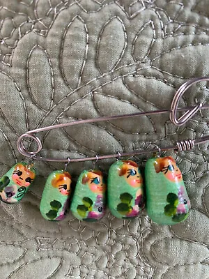 Vintage Russian Nesting Dolls Safety Pin Brooch Dangling Hand Painted • $14