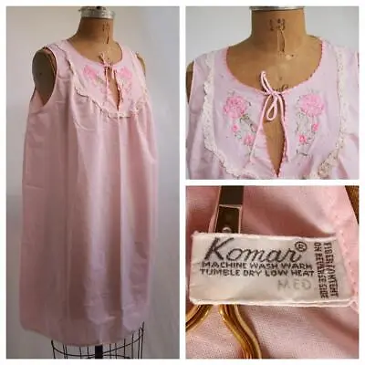 Vtg KOMAR Pink Nightgown Dress Floral Embroidery Rockabilly Cottagecore USA M • $27.95