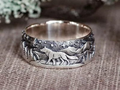 1Pcs Mens Vintage Silver Wolf In Forest Punk Rings Crazy Party Jewelry Size 10 • $0.30