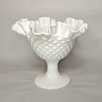 Vintage Fenton White Milk Glass Hobnail Footed Compote Candy Dish Ruffled 6   • $14