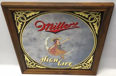 VINTAGE MILLER HIGH LIFE  HALF MOON GIRL  MIRROR SIGN 1980 Man Cave Decor 14X14  • $49.99