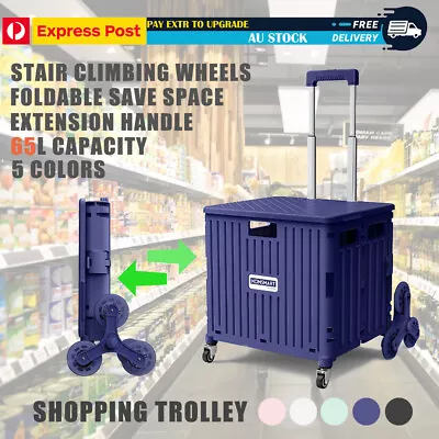 Viviendo 65L Foldable Shopping Trolley Cart Grocery Basket Stair Climbing Wheels • $116