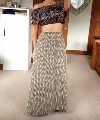 Vintage 1970's Brown & Beige Crimplene Maxi Skirt XS Waist 23in 59cm Size UK 4 6 • £39.99