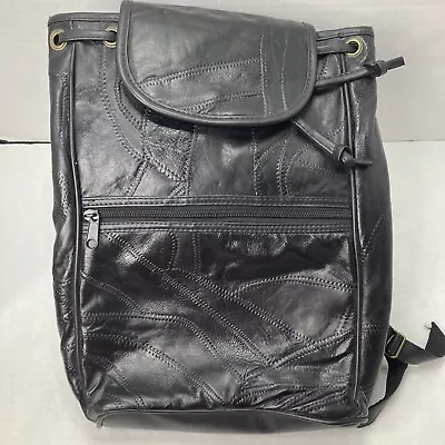Vintage 80s 90s BLACK Leather Patchwork Purse Rucksack Backpack Tie Since Bag • $47.87