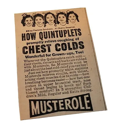 Vtg 40's Dionne Quintuplets Musterole Chest Rub Print AD 1945 Cough Suppressant • $7