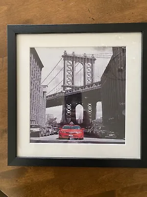 New York City Brooklyn Bridge And Red Taxi  Print Framed And Matted 12”  X 12” • $25