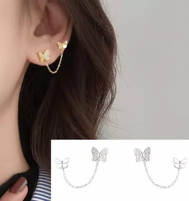 Pair Double Piercing Butterfly Earrings Sterling Silver Ear Chain Two Holes E20 • $14.95