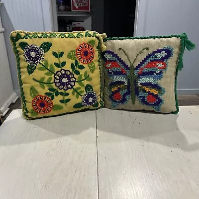 Vintage Handmade Throw Pillows 2 Yarn Needle Work Butterfly  & Floral 11” X 11” • $28.50