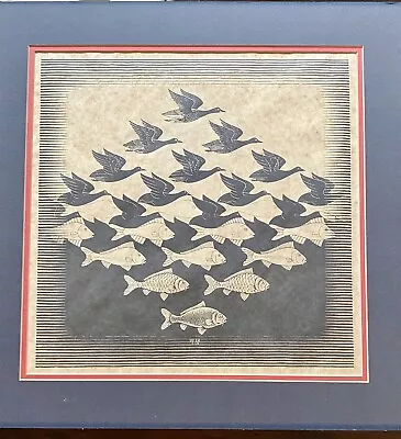 M.C. Escher Older WoodBLOCK Rice Paper Signed? Print Fish Sea Sky MCE • $2499